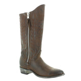 Mid shaft boot in brown with embroidery on the shaft and zipper on the side. Angled