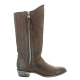 Mid shaft boot in brown with embroidery on the shaft and zipper on the side. Angled to the right