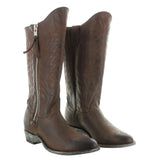 Mid shaft boot in brown with embroidery on the shaft and zipper on the side. 