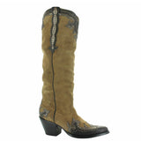 Suede dijon tall boot with leather overlayed and studs. Angled