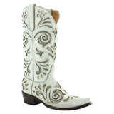 Crackled taupe mid shaft boot with silver inlay. Angled