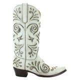 Crackled taupe mid shaft boot with silver inlay. Angled to the right