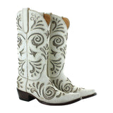 Crackled taupe mid shaft boot with silver inlay. 