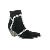 Suede black botin with studs on a silver overlay of leather.  Botin angled