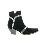 Suede black botin with studs on a silver overlay of leather.  Botin angled to the right