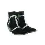 Suede black botin with studs on a silver overlay of leather.