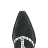 Suede black botin with studs on a silver overlay of leather.  Botin view of the toe