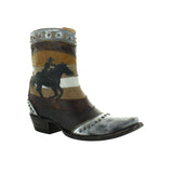 Brass and silver botin with a riding cowboy on the outer par of the shaft and studs. Angled