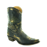 Gold boot with embroidery and studs with a cactus, flowers and bull skull angled