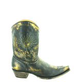 Gold boot with embroidery and studs with a cactus, flowers and bull skull angled to the right