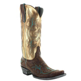 Mid shaft boot with brass and gold leather and embroidery. Angled