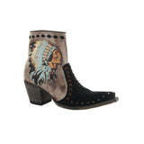 Burnished black botin with an embroideryed apache head on the outside of the boot. Botin angled