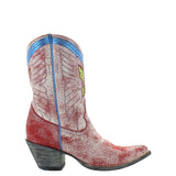 Short shaft boot in crackled red, blue and yellow overlay and stitching. Anlged to the right