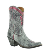 Short shaft boot in crackled blue with pink overlay and stitching. Angled