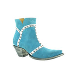 Suede blue botin with studs on a silver overlay of leather.  Botin angled